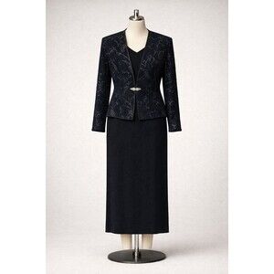 R&M Richards 2Pc Evening Dress Womens 16 Black Silver Embroidery Formal Gown Set